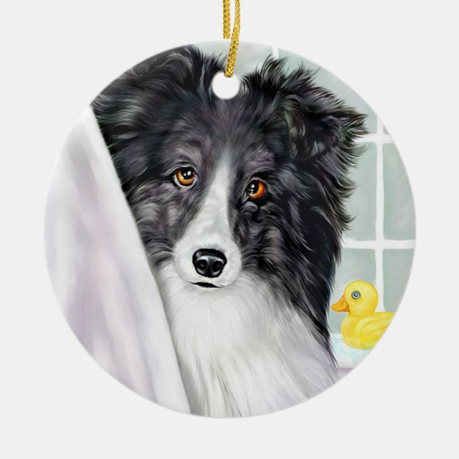 Bi Black Sheltie Bath Julgransprydnad Keramik (Framsidan)
