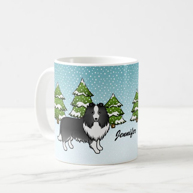 Bi-Black Sheltie Tecknad hund i Winter & Namn Kaffemugg (Framsida vänster)