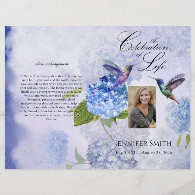 Bi-Fold Blue Hydrangeas Funeral Program (Framsidan)