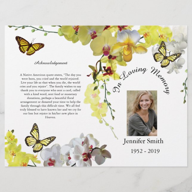 Bi-fold Gult Orchids Butterfly Funeral Program (Framsidan)