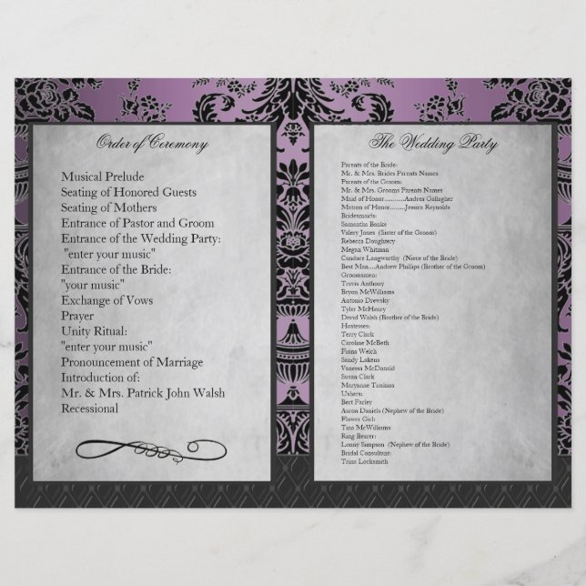 Bi Fold Lila Damask Wedding Ceremony Program (Framsida)