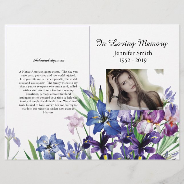 Bi-fold Lila Irises Funeral Program (Framsidan)