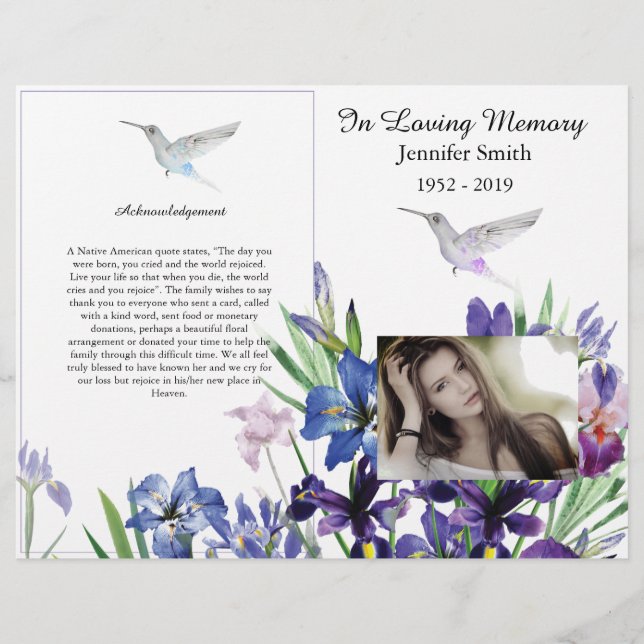 Bi-fold Lila Irises Hummingbird Funeral Program (Framsidan)