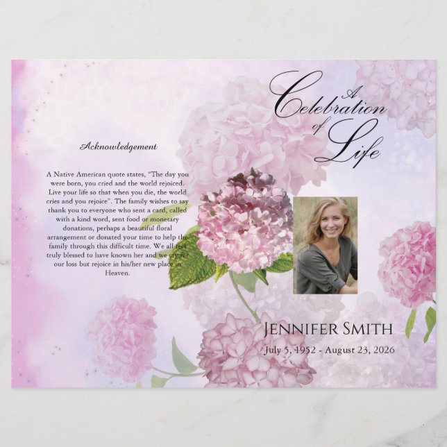 Bi-fold Rosa Hydrangeas-begravningsprogram Reklamblad (Framsidan)