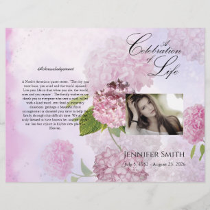 Bi-fold Rosa Hydrangeas-begravningsprogram Reklamblad