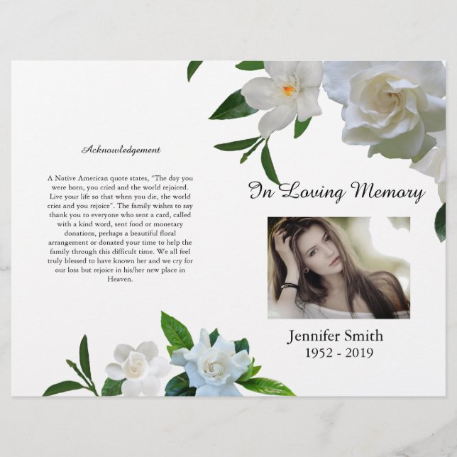 Bi-Fold White Gardenia Funeral Program (Framsidan)