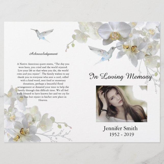 Bi-Fold White Orchids Hummingbird Funeral Program (Framsidan)