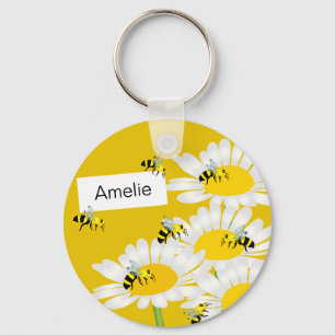 Bi på blomman Keychain - gul bakgrund Nyckelring