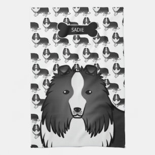 Bi-svart Cartoon Sheltie med hundben och namn Kökshandduk