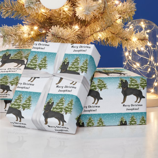 Bi-svart schäfer Snöig vinter skog Presentpapper (Helgdagar)