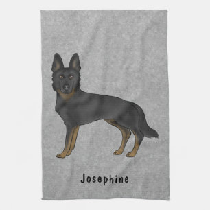 Bi-svart schäferhund och anpassat namn grått kökshandduk
