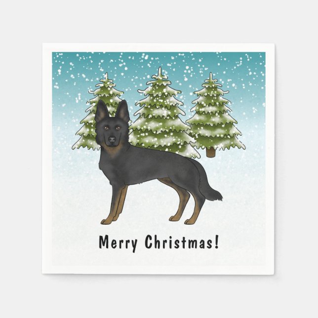 Bi-svart schäferhund vinter skog med text pappersservett (Framsidan)