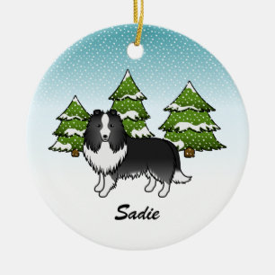 Bi-svart Sheltie Tecknad Hund På Vintern & Namn Julgransprydnad Keramik