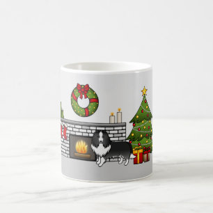 Bi-svart Shetland Sheepdog Hund I Ett Julrum Kaffemugg