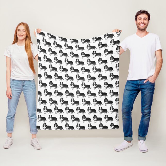 Bi-svart Shetland Sheepdog Serieteckning Hundmönst Fleecefilt (På plats)