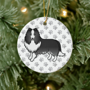Bi-svart Shetland Sheepdog Tecknad Hund & Klor Julgransprydnad Keramik