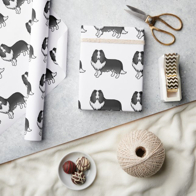 Bi-svart Shetlandshepphund Tecknad Hundmönster Presentpapper (Hantverk)