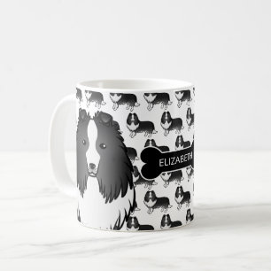 Bi-svart tecknad Sheltie med hundben och namn Kaffemugg