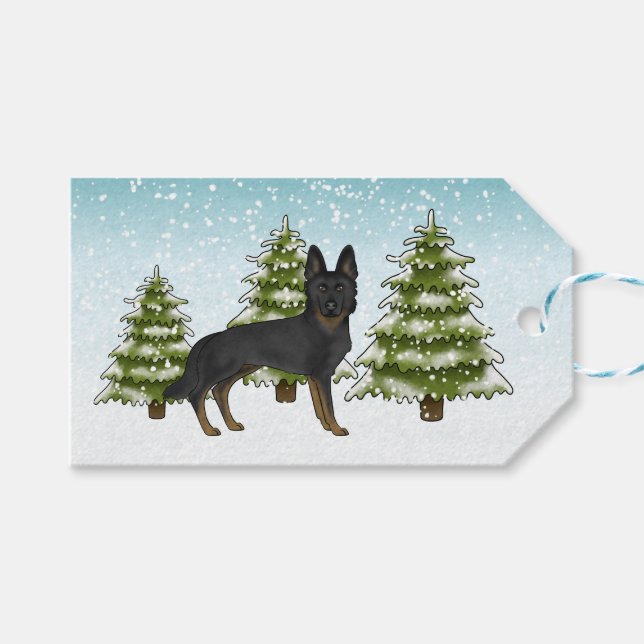 Bi-svart vallhund blå vinter jul presentetikett (Framsidan (Horisontell))