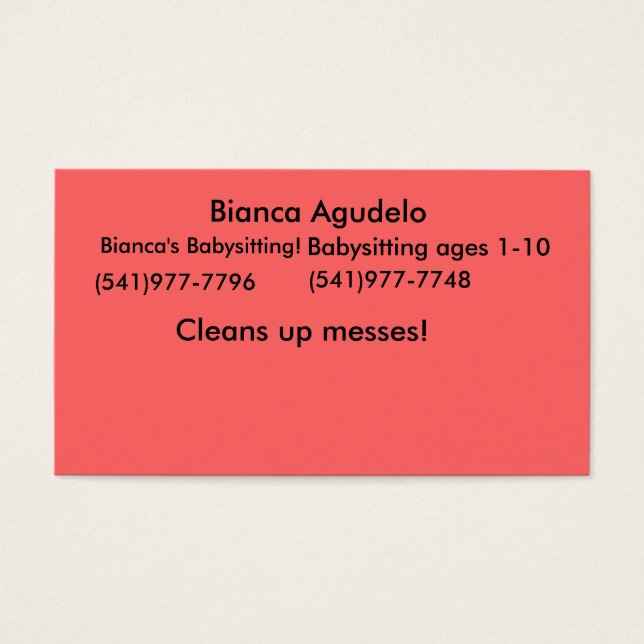 Bianca Agudelo, Biancas Babysit! (541)977... Visitkort (Framsidan)