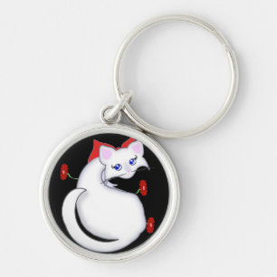 Bianca Toon kattunge med röda blommor Keychain Rund Silverfärgad Nyckelring