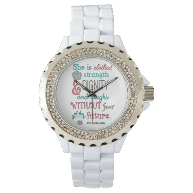Bibeln, Proverbs 31:25, hon är klädd i styrka Armbandsur (Framsida)