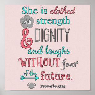 Bibeln, Proverbs 31:25, hon är klädd i styrka Poster