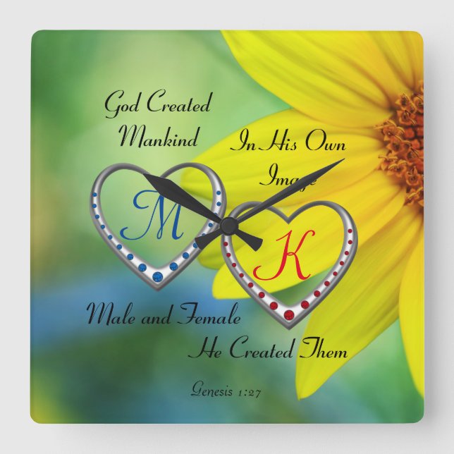 Bibelskript Text med Dubbla Hjärtmonogram T Fyrkantig Klocka (Framsida)