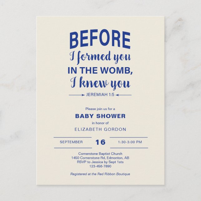 Bibelspråk Baby Shower Innan jag formade dig Livmo Vykort (Framsida)