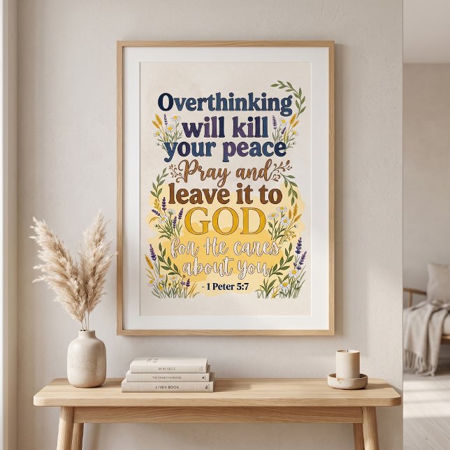 Bibelspråk Kristet Tro Vattenfärg Typografi  Poster (1 Peter 5:7 Bible Verse Scripture for Anxiety & Worry Christian Watercolor  Wall Art Poster )