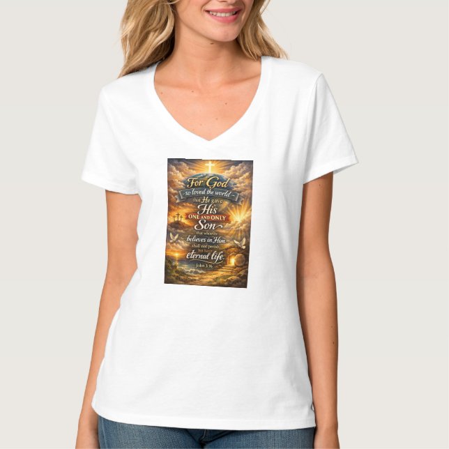 Bibelsvers Johannes 3:16 Dam V-ringad T-shirt (Framsida)