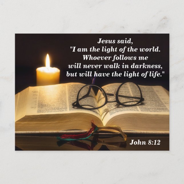 Bibelvers Johannes 8:12 Jesus är världens ljus Vykort (Framsida)
