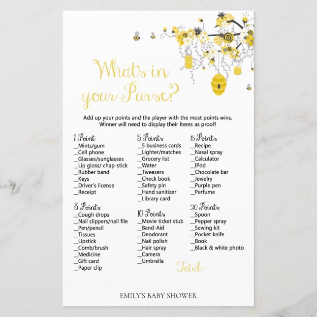 Bibi-babyshowerlek - Vad har du i handväskan (Framsida)
