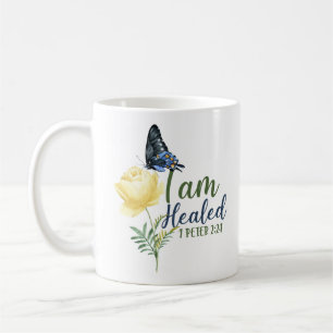 Bible Verse I är läkt 1 Peter 2:24 Butterfly Kaffemugg
