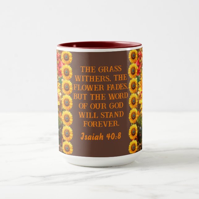 Bible Verse med Sunblomma William Morris Art Mugg (Center)