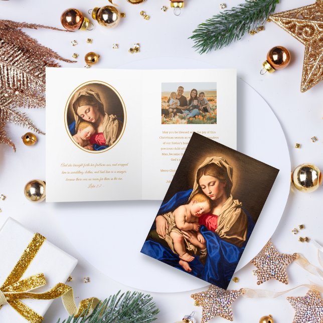 Bible Verse & Photo Religiösa Catholique Jul Helgkort (Religious Christmas card for Catholics and Christians in gold and white)