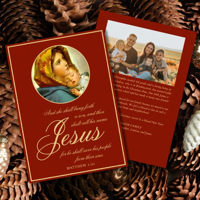 Bible Verse Religiösa-julkort med foto Julkort (Religious Christmas card with Madonna and Child and Bible verse for Catholics and Christians)