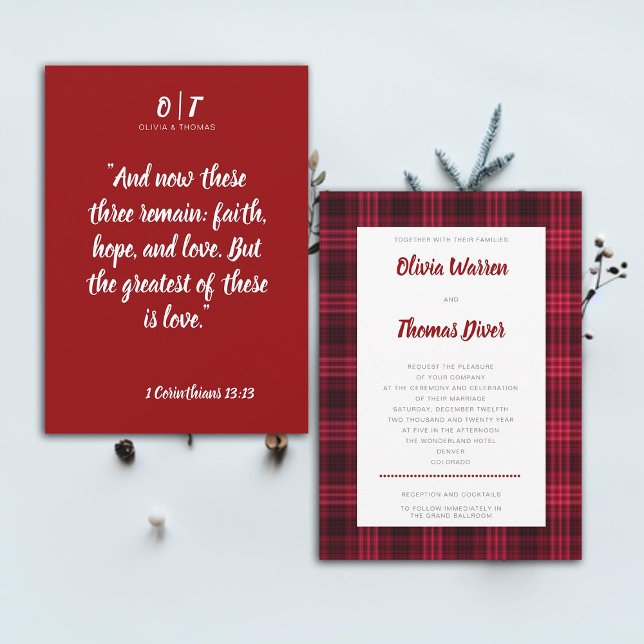 Bible Verse Winter Mysigt Red Play Elegant bröllop Inbjudningar (Bible verse winter wedding invitation cozy Christmas red plaid elegant rustic snow holidays mountain)