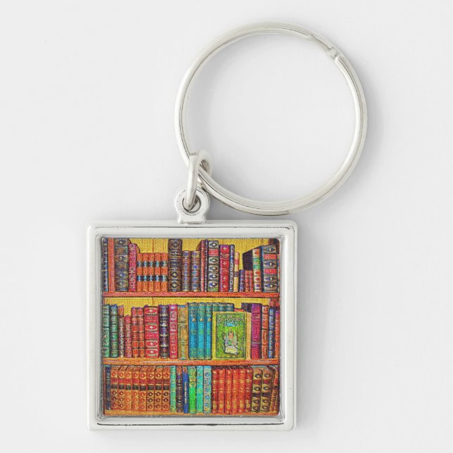 Bibliotek Bokar Fyrkantig Silverfärgad Nyckelring (Framsidan)
