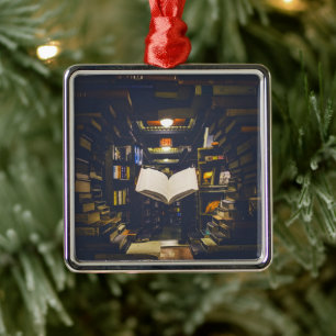 Bibliotek Bokar Sheldon Open Bok Read Julgransprydnad Metall