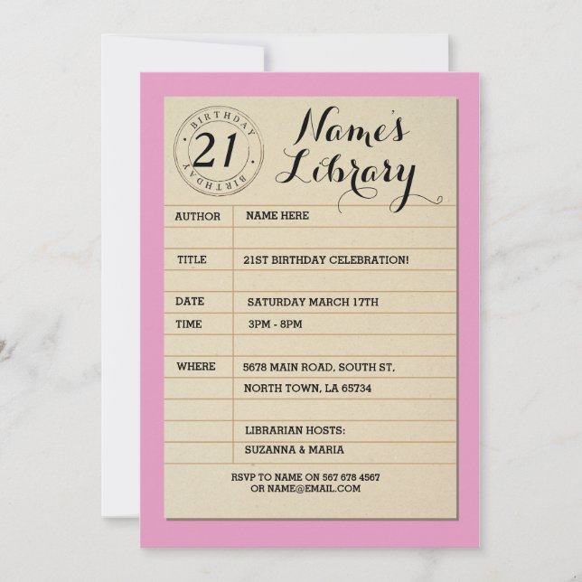 Bibliotek Card Bok Födelsedagsfest Rosa Inbjudan (Framsida)