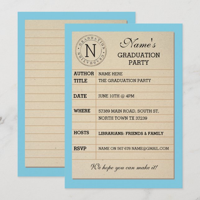 Bibliotek Card Studentfest Blue Bok Inbjudan (Fram/baksida)