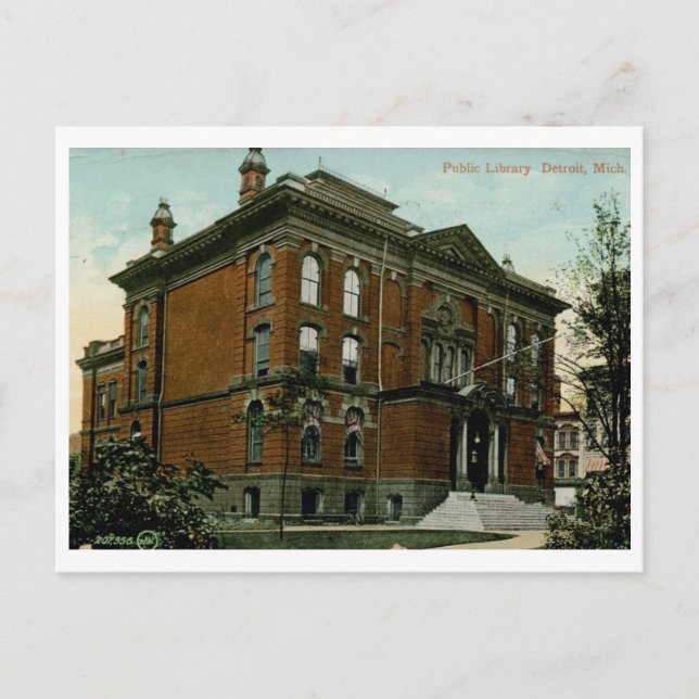 Bibliotek, Detroit, MI 1909 Vintage Vykort (Framsida)