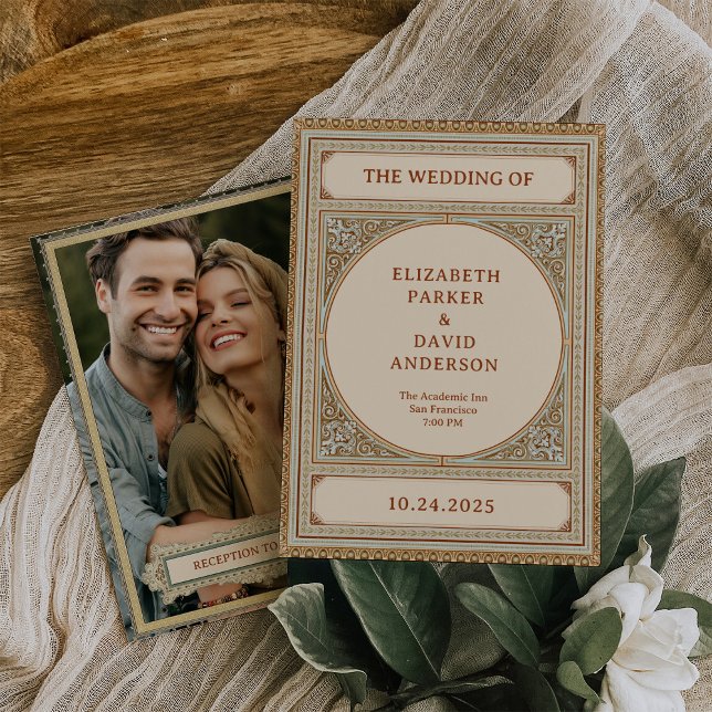 Bibliotek | Elegant Vintage Ram med Photo Bröllop Inbjudningar (A classic, vintage academia wedding look in an elegant neutral color scheme, with your photo on back)