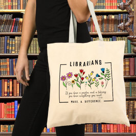 Bibliotek gör skillnad och blomcitat tygkasse