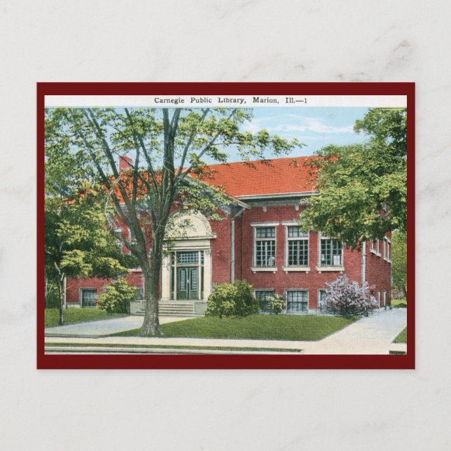Bibliotek, Marion, Illinois Vintage Vykort (Framsida)