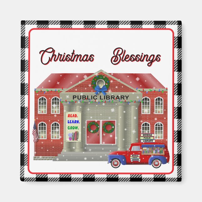 Bibliotek och lilla röda lastbil mobil bibliotek magnet (Framsidan)