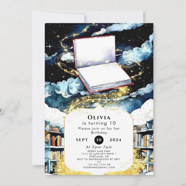 Bibliotek Storybook Birthday med enkel Anpassnings Inbjudningar (Framsida)