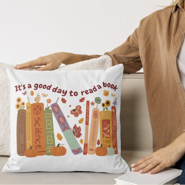 Bibliotekariska bok Älskare Orange Pumpkin & Höst  Kudde (Librarian book Lovers wight Pillow Natural color, cute orange pumpkin, fall/autumn, Its A Good Day )