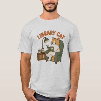 Bibliotekskatt som läser bok Söt kattälskare Illus T Shirt
